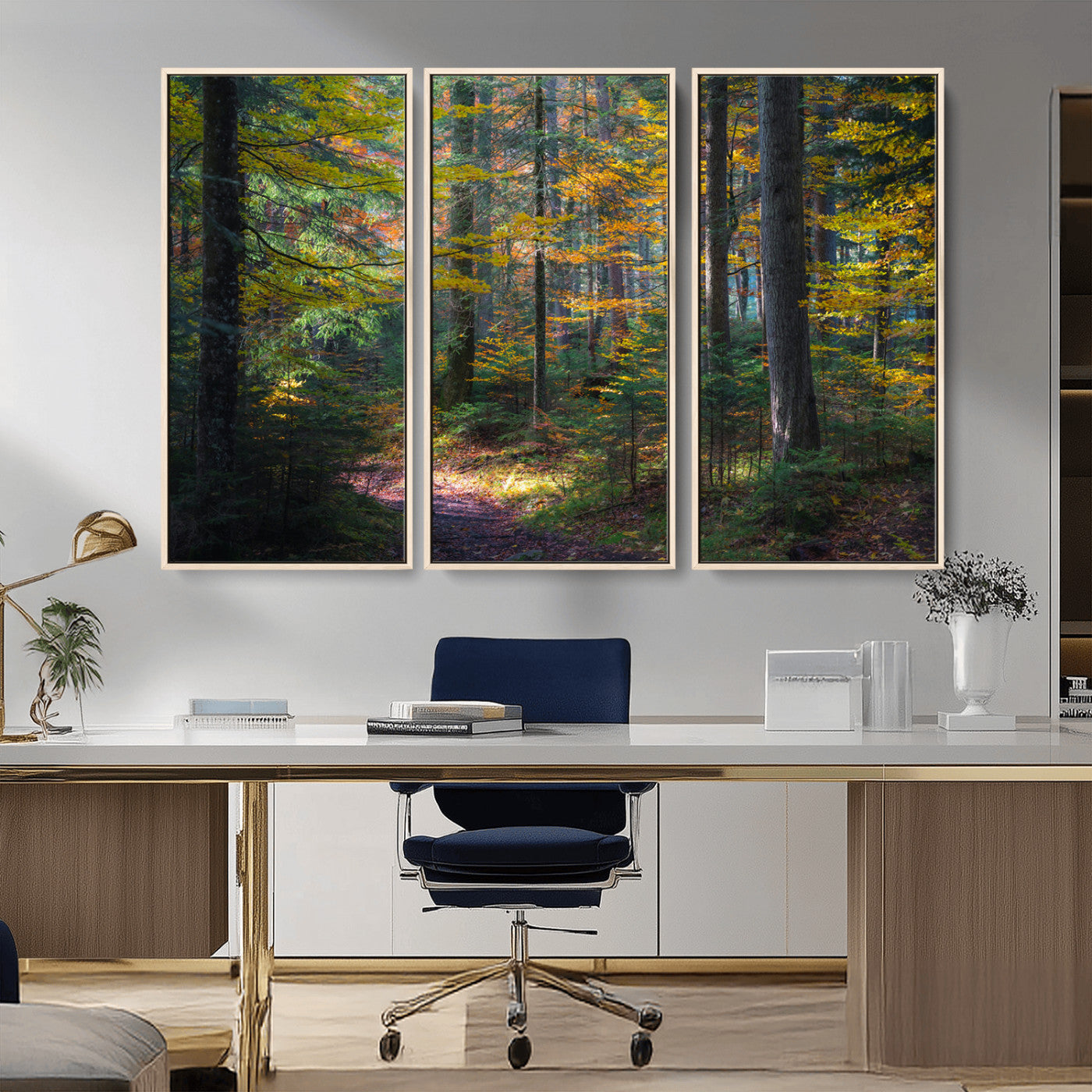 65810864-MGV-FC-48X32-3P_Natural-Autumn Forest Wall Art Canvas Print, Framed Fall Woodland Art Picture Print, Golden Leaves Perfect Rustic Farmhouse Decor Artwork