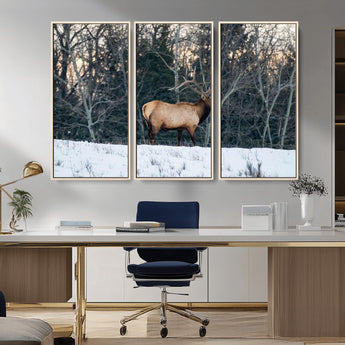 36533178-MGV-CV-36X24-Wild Elk Photography Wall Art Canvas Print, Framed Winter Wildlife Art Picture Print, Snowy Forest Perfect Rustic Lodge Decor