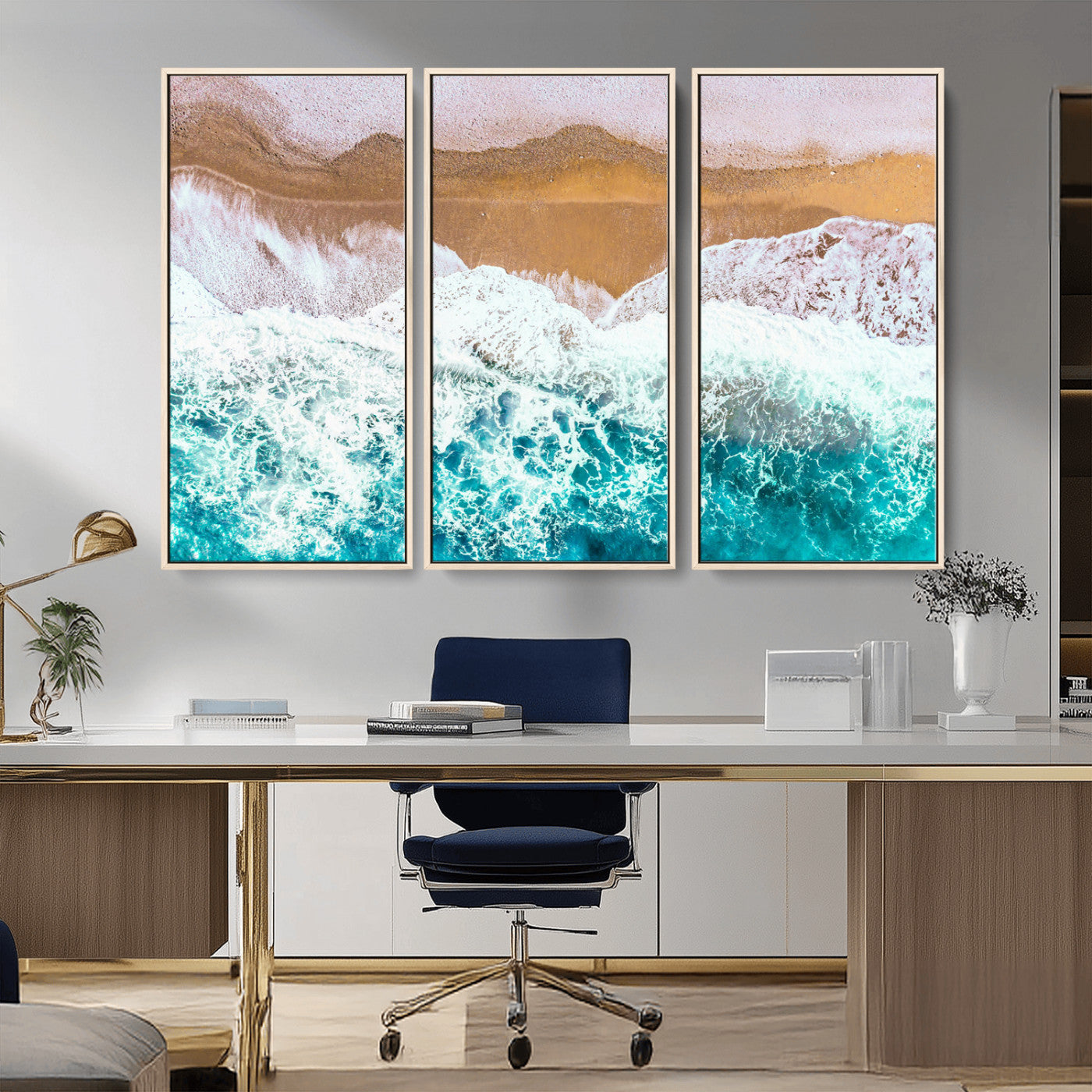 26870666-MGV-CV-36X24-Aerial Beach Wall Art Canvas Print, Framed Ocean Waves Art Picture Print, Coastal Landscape Perfect Coastal Minimalist Decor