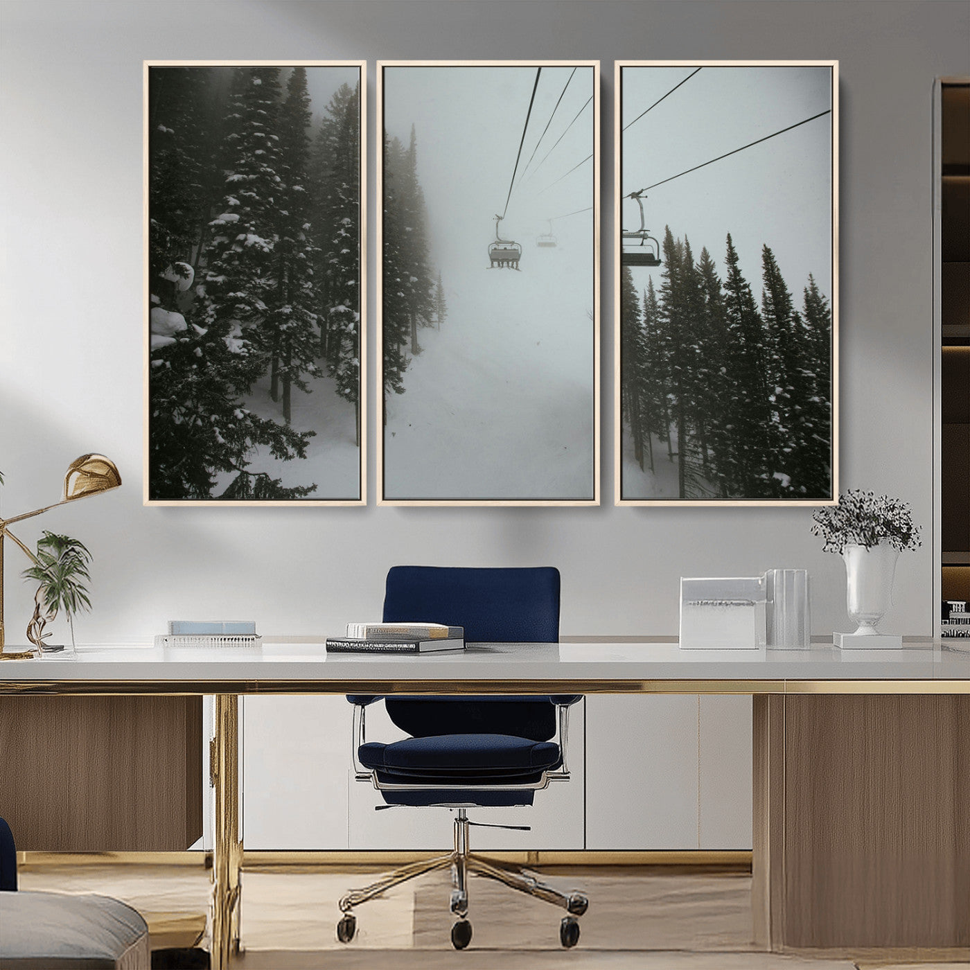 87018452-MGV-CV-36X24-Ski Lift Wall Art Canvas Print, Framed Snowy Pines Art Picture Print, Misty Landscape Perfect Winter Serenity Decor Artwork