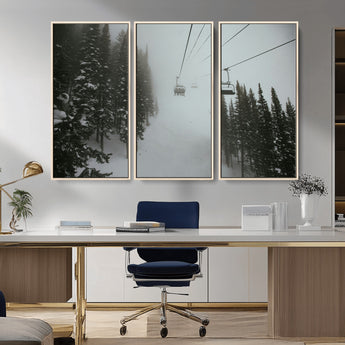 87018452-MGV-CV-36X24-Ski Lift Wall Art Canvas Print, Framed Snowy Pines Art Picture Print, Misty Landscape Perfect Winter Serenity Decor Artwork