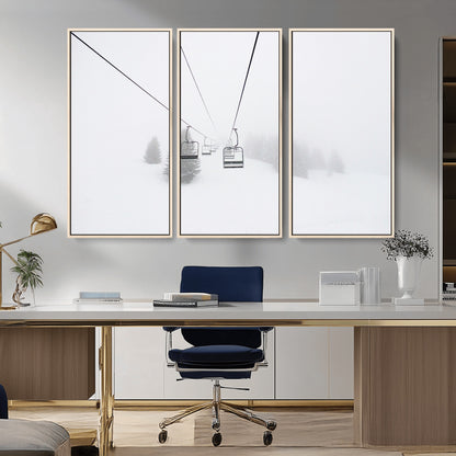 20216390-MGV-FC-48X32-3P_Natural-Ski Lift Wall Art Canvas Print, Framed Snowy Landscape Art Picture Print, Alpine Adventure Perfect Nordic Minimalist Decor Artwork