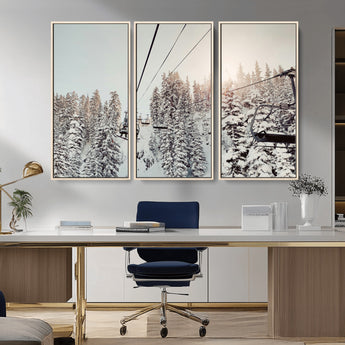 91534512-MGV-FC-48X32-3P_Natural-Frosty Pines Wall Art Canvas Print, Framed Cozy Cabin View Art Picture Print, Ski Lift Ride Perfect Rustic Lodge Decor Artwork