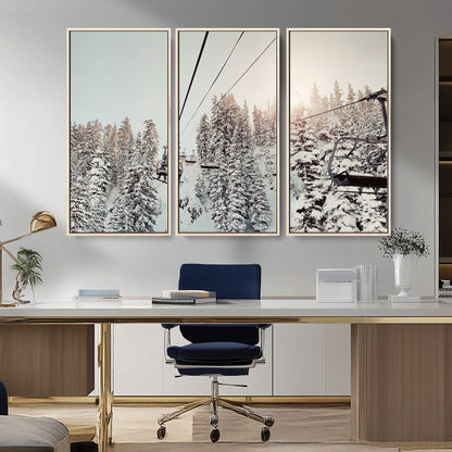 91534512-MGV-CV-36X24-Frosty Pines Wall Art Canvas Print, Framed Cozy Cabin View Art Picture Print, Ski Lift Ride Perfect Rustic Lodge Decor Artwork