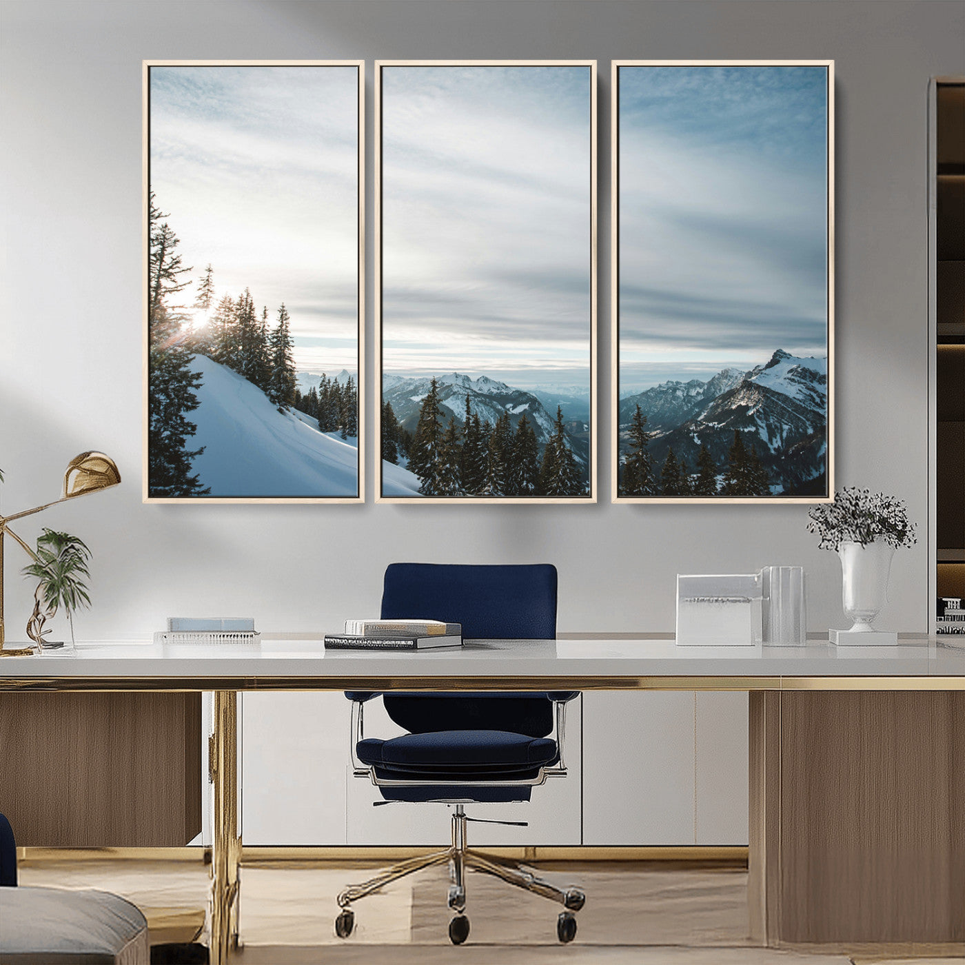 55564749-MGV-CV-36X24-Snowy Mountains Wall Art Canvas Print, Framed Alpine Landscape Art Picture Print, Frosty Peaks Perfect Nordic Minimalist Decor