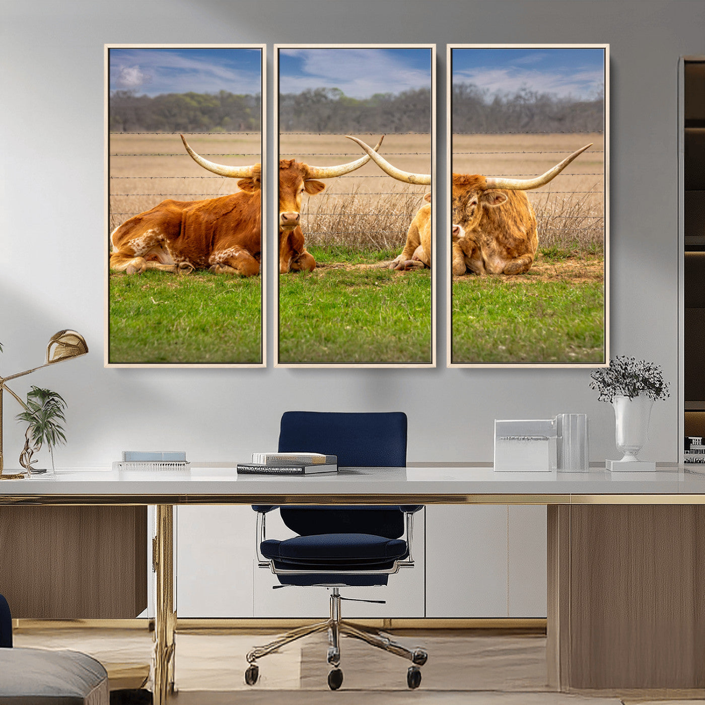 54598515-MGV-CV-36X24-Texas Longhorns Wall Art – Rustic Cattle Ranch Canvas Print, Western Farmhouse Animal Photography Decor for Living Room, Office,