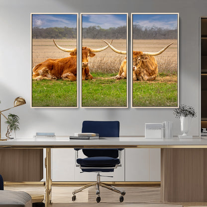 54598515-MGV-CV-36X24-Texas Longhorns Wall Art – Rustic Cattle Ranch Canvas Print, Western Farmhouse Animal Photography Decor for Living Room, Office,