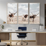 65621083-MGV-FC-48X32-3P_Natural-Texas Longhorn Wall Art – Rustic Western Cattle Canvas Print, Southwestern Ranch Photography Decor for Living Room, Office,