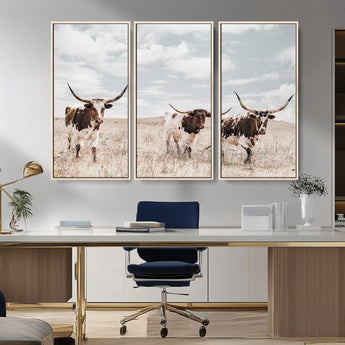 65621083-MGV-FC-48X32-3P_Natural-Texas Longhorn Wall Art – Rustic Western Cattle Canvas Print, Southwestern Ranch Photography Decor for Living Room, Office,