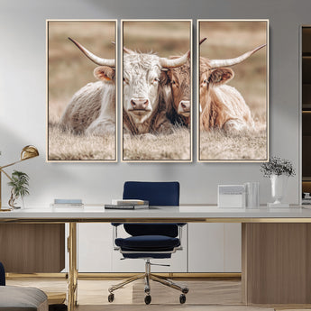 38651722-MGV-CV-36X24-Cow Wall Art – Rustic Longhorn Pair Canvas Print, Western Farmhouse Animal Painting, Country Ranch Decor for Living Room, Bedroom,