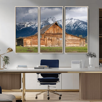15173627-MGV-CV-36X24-Barn Wall Art – Rustic Wooden Cabin Canvas Print with Snowy Mountain Landscape, Western Farmhouse Country Decor for Living Room,