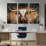 25265572-MGV-CV-36X24-Longhorn Bull Wall Art – Rustic Western Texas Steer Canvas Print, Textured Animal Painting for Home, Office, Man Cave or Farmhouse