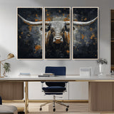 93195031-MGV-CV-36X24-Dark Longhorn Bull Wall Art – Western Steer Canvas Print, Moody Rustic Animal Painting for Man Cave, Ranch House, Office or Modern