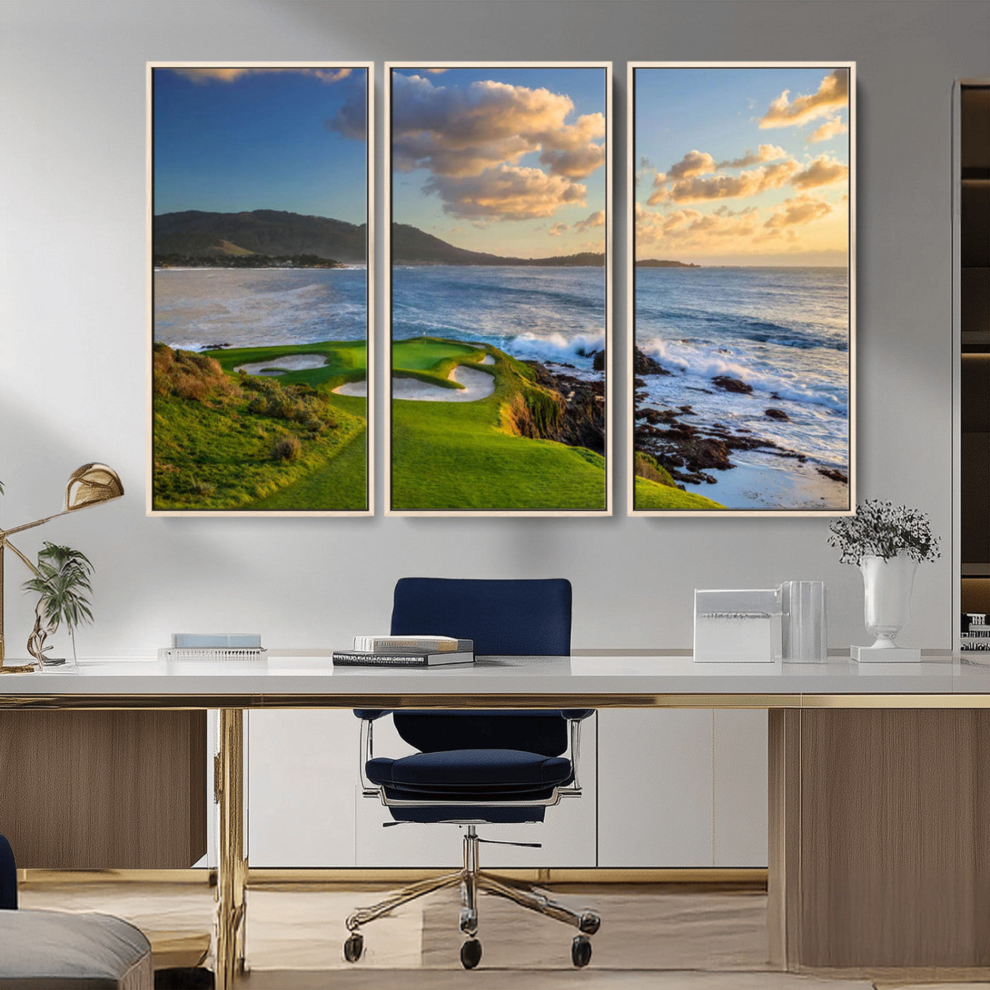 50107048-MGV-FC-48X32-3P_Natural-Golf Course Wall Art – Coastal Ocean View Canvas Print, Scenic Fairway Landscape Decor for Office, Man Cave, Bedroom, or Living