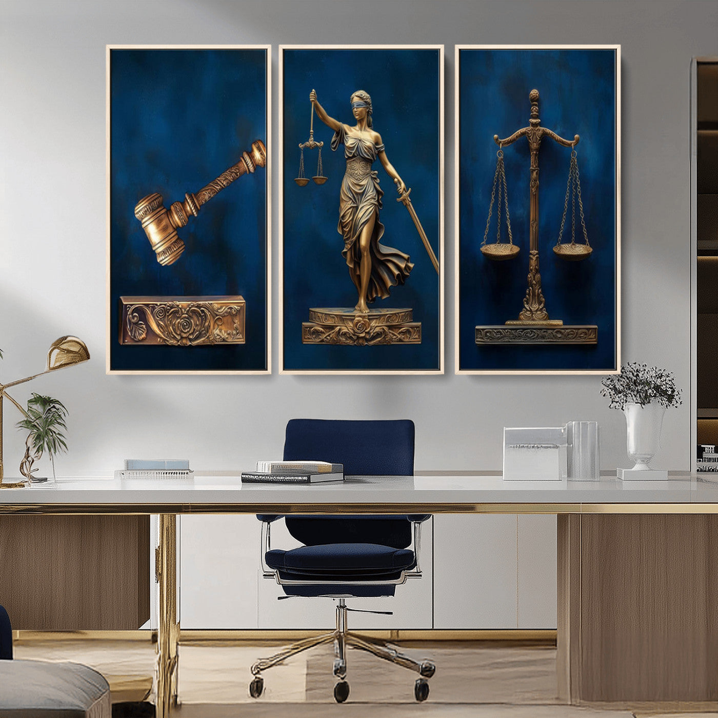 91629053-MGV-CV-36X24-Lady Justice Wall Art – Golden Gavel and Scales Canvas Print, Elegant Legal Office Decor for Lawyers, Judges, Courtroom or Study