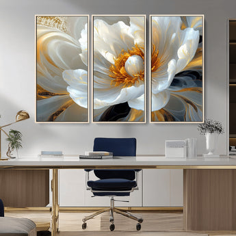 39604126-MGV-FC-48X32-3P_Natural-Abstract Flower Wall Art – Elegant White and Gold Bloom Canvas Print, Modern Floral Artwork for Bedroom, Living Room, or Office