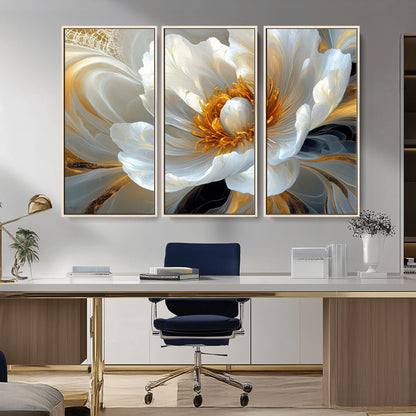 39604126-MGV-FC-48X32-3P_Natural-Abstract Flower Wall Art – Elegant White and Gold Bloom Canvas Print, Modern Floral Artwork for Bedroom, Living Room, or Office
