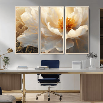 29539087-MGV-CV-36X24-Floral Wall Art – Elegant White and Gold Bloom Canvas Print, Romantic Modern Flower Artwork for Bedroom, Living Room, or Office