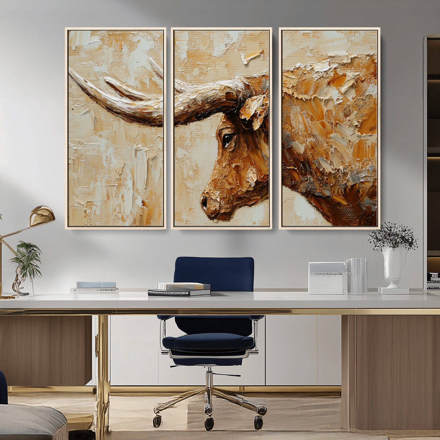 69611428-MGV-CV-36X24-Longhorn Bull Wall Art – Rustic Western Canvas Print, Textured Farmhouse Cattle Painting for Living Room, Office, or Ranch House