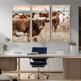 47758300-MGV-CV-36X24-Texas Longhorn Cattle Wall Art – Rustic Western Herd Canvas Print, Cowboy Ranch Farmhouse Decor for Living Room, Office, or