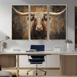 19204445-MGV-CV-36X24-Texas Longhorn Bull Wall Art – Rustic Western Canvas Print, Bold Cowboy Cattle Painting for Ranch House, Farmhouse, Office, or