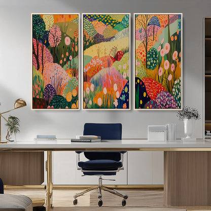 79636380-MGV-CV-36X24-Colorful Abstract Landscape Wall Art – Vibrant Hills and Flowers Canvas Print, Modern Whimsical Artwork for Living Room, Bedroom,