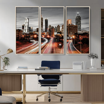 59097239-MGV-CV-36X24-City Skyline Wall Art – Modern Black and White Night Canvas Print with Red Light Trails, Urban Landscape Decor for Living Room or