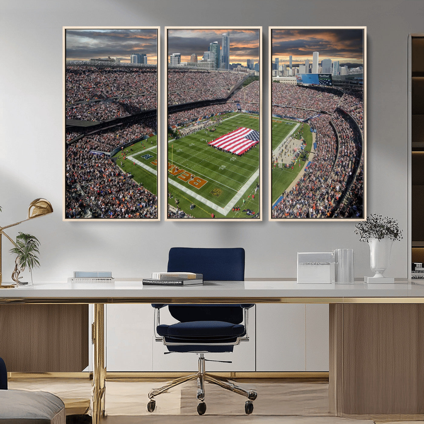 98106777-MGV-CV-36X24-Soldier Field Wall Art – Chicago Bears Stadium Canvas Print with American Flag, Game Day Football Decor for Man Cave, Bar, or
