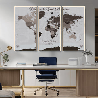 43749658-MGV-FC-48X32-3P_Natural-Welcome to Great Adventure World Map Wall Art – Charcoal Gray Canvas Print, Rustic Travel Decor for Living Room, Study, Office or