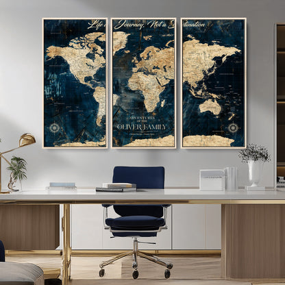 36970886-MGV-CV-36X24-Life is a Journey Not a Destination World Map Rustic Navy Beige Vintage Travel Wall Art Adventure Quote Canvas Print for Home