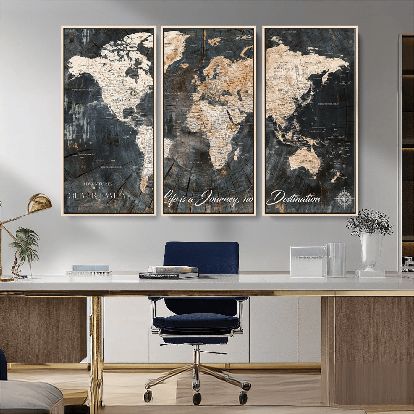37848568-MGV-CV-36X24-Life is a Journey Not a Destination World Map Rustic Wood Texture Vintage Beige Navy Adventure Wall Art Canvas Print for Home