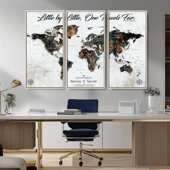 88337180-MGV-CV-36X24-Little by Little One Travels Far Tolkien Quote World Map Rustic Black Brown Adventure Wall Art Canvas Print for Home Office Living