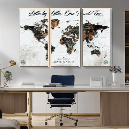 88337180-MGV-CV-36X24-Little by Little One Travels Far Tolkien Quote World Map Rustic Black Brown Adventure Wall Art Canvas Print for Home Office Living