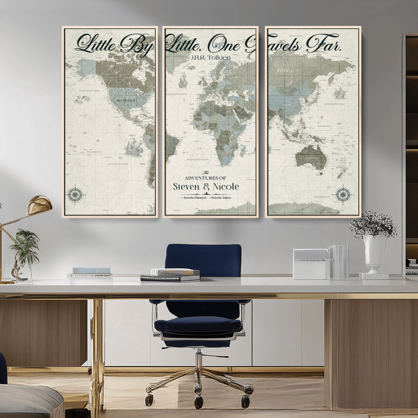 10693204-MGV-CV-36X24-Little By Little One Travels Far Tolkien Quote Blue Green World Map Adventure Wall Art Canvas Print Rustic Wanderlust Travel Decor