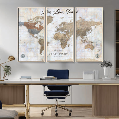 43924907-MGV-CV-36X24-Live Love Travel Wall Art – Neutral World Map Canvas Print, Rustic Adventure Decor for Home, Office or Living Room, Unique Gift
