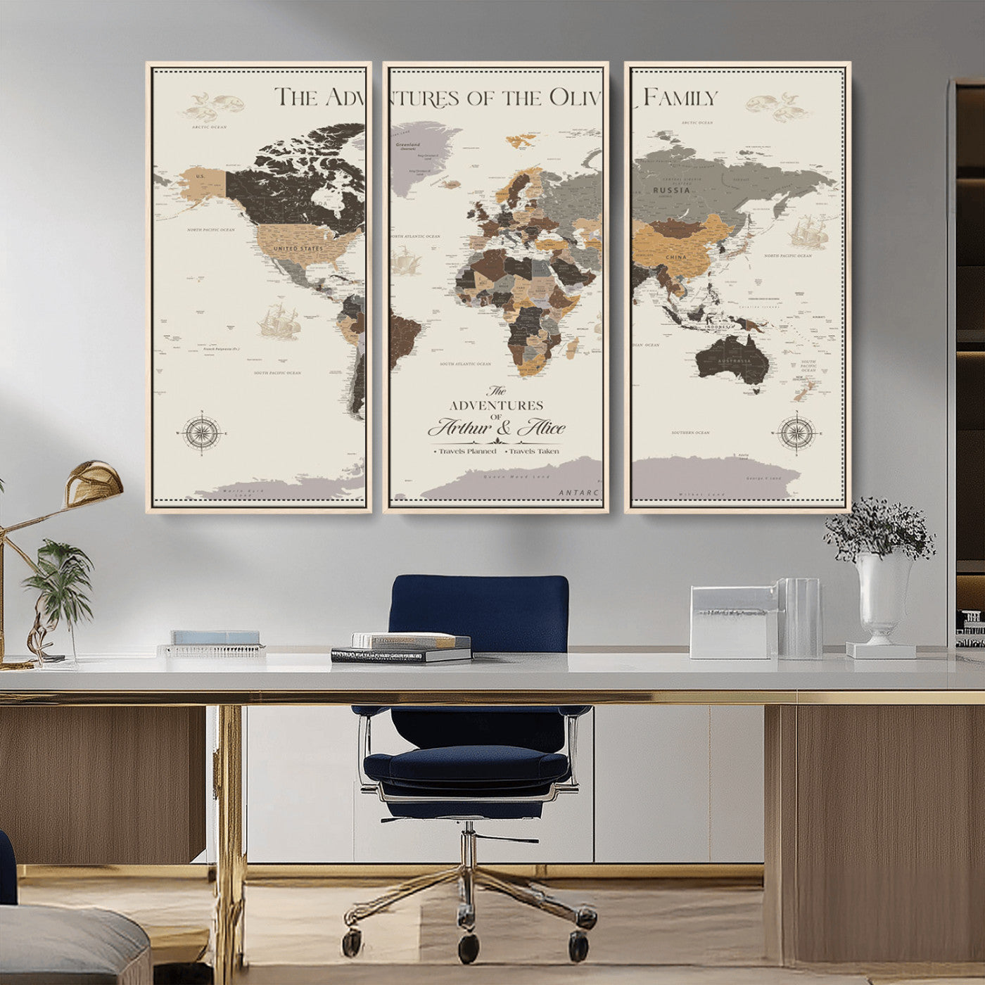 38723540-MGV-FC-48X32-3P_Natural-Adventures of the Oliver Family Wall Art – Earth Tone World Map Canvas Print, Minimalist Travel Decor for Living Room, Bedroom or
