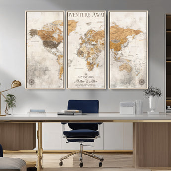 99422096-MGV-CV-36X24-Adventure Awaits World Map Wall Art – Neutral Beige Canvas Print, Modern Travel Inspired Wall Decor for Living Room, Bedroom or
