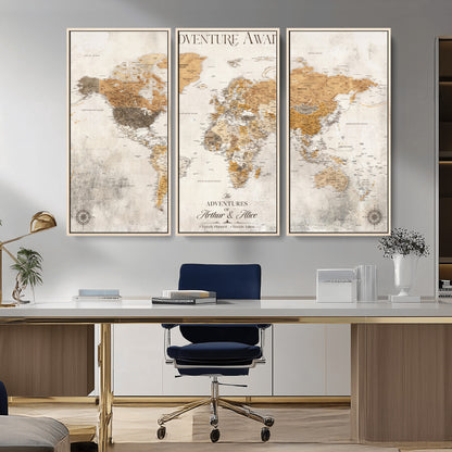 99422096-MGV-CV-36X24-Adventure Awaits World Map Wall Art – Neutral Beige Canvas Print, Modern Travel Inspired Wall Decor for Living Room, Bedroom or