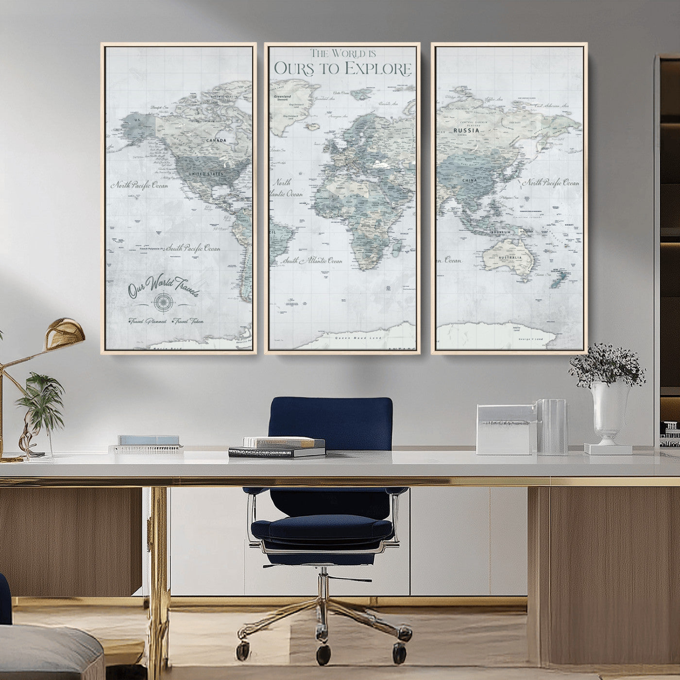 94249974-MGV-CV-36X24-Ours Explore World Map Wall Art – Modern Travel Canvas Print, Neutral Adventure Decor for Living Room, Office, Study, Bedroom,