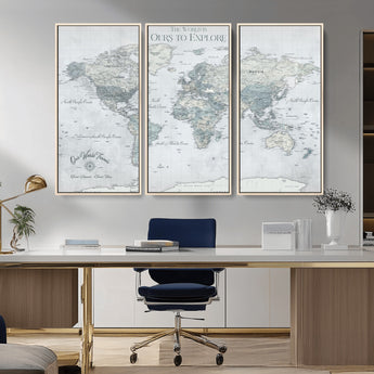94249974-MGV-CV-36X24-Ours Explore World Map Wall Art – Modern Travel Canvas Print, Neutral Adventure Decor for Living Room, Office, Study, Bedroom,