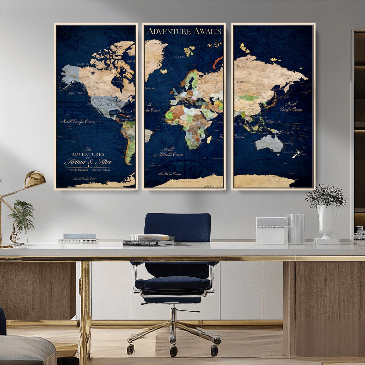 43160428-MGV-CV-36X24-Adventure Awaits Navy Blue World Map – Vibrant Travel Canvas Wall Art, Antique Atlas Print, Wanderlust Decor for Home Office