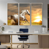 44295212-MGV-CV-36X24-Horse Wall Art – Running White Stallion Canvas Print with Sunset Background, Western Wildlife Decor for Living Room, Office, or