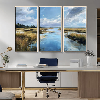 87082041-MGV-CV-36X24-Painted Marshland Canvas Wall Art – Serene Water Reflection, Blue Sky, Golden Grass Landscape, Calm Nature Decor for Home, Office,
