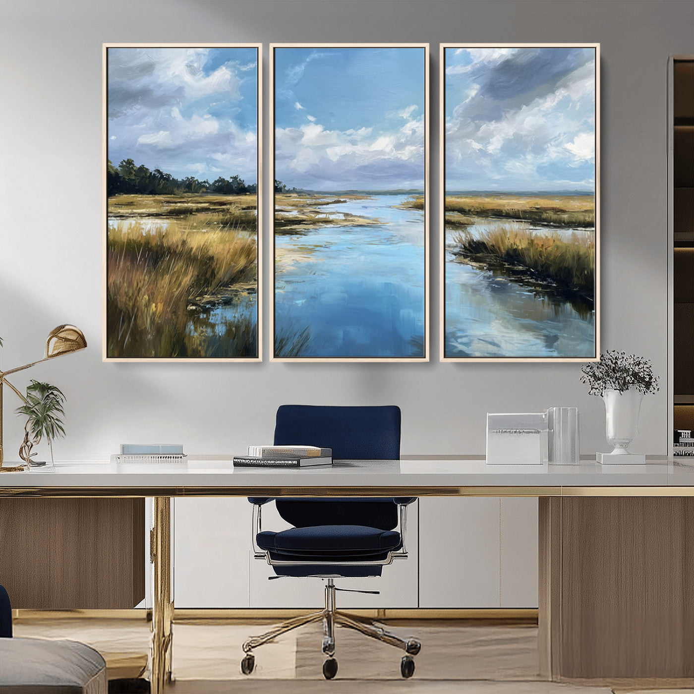 87082041-MGV-CV-36X24-Marshland Landscape Wall Art – Serene Nature Canvas Print with Blue Sky and Reflections, Tranquil Scenic Painting for Living Room,