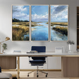 87082041-MGV-CV-36X24-Marshland Landscape Wall Art – Serene Nature Canvas Print with Blue Sky and Reflections, Tranquil Scenic Painting for Living Room,