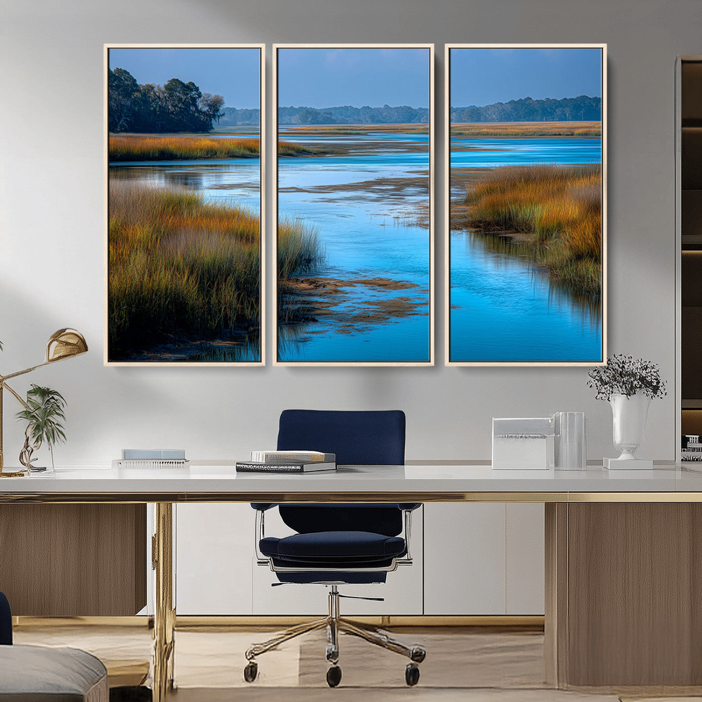 26300004-MGV-CV-36X24-Marshland Landscape Wall Art – Scenic Nature Canvas Print with Golden Grass and Blue Water, Peaceful River Photography for Living