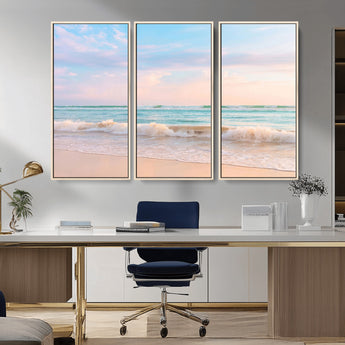 88024944-MGV-CV-36X24-Serene Ocean Waves Canvas Wall Art – Pastel Sky, Soft Sand Beach, Tranquil Seascape, Calm Water Coastal Nature, Relaxing Peaceful