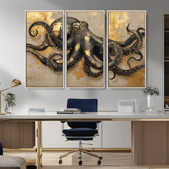 57944271-MGV-CV-36X24-Octopus Wall Art – Black and Gold Nautical Canvas Print, Modern Ocean Inspired Artwork with Elegant Detailing, Coastal Marine