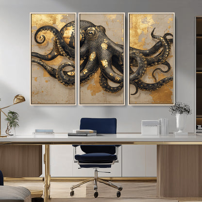 57944271-MGV-CV-36X24-Octopus Wall Art – Black and Gold Nautical Canvas Print, Modern Ocean Inspired Artwork with Elegant Detailing, Coastal Marine