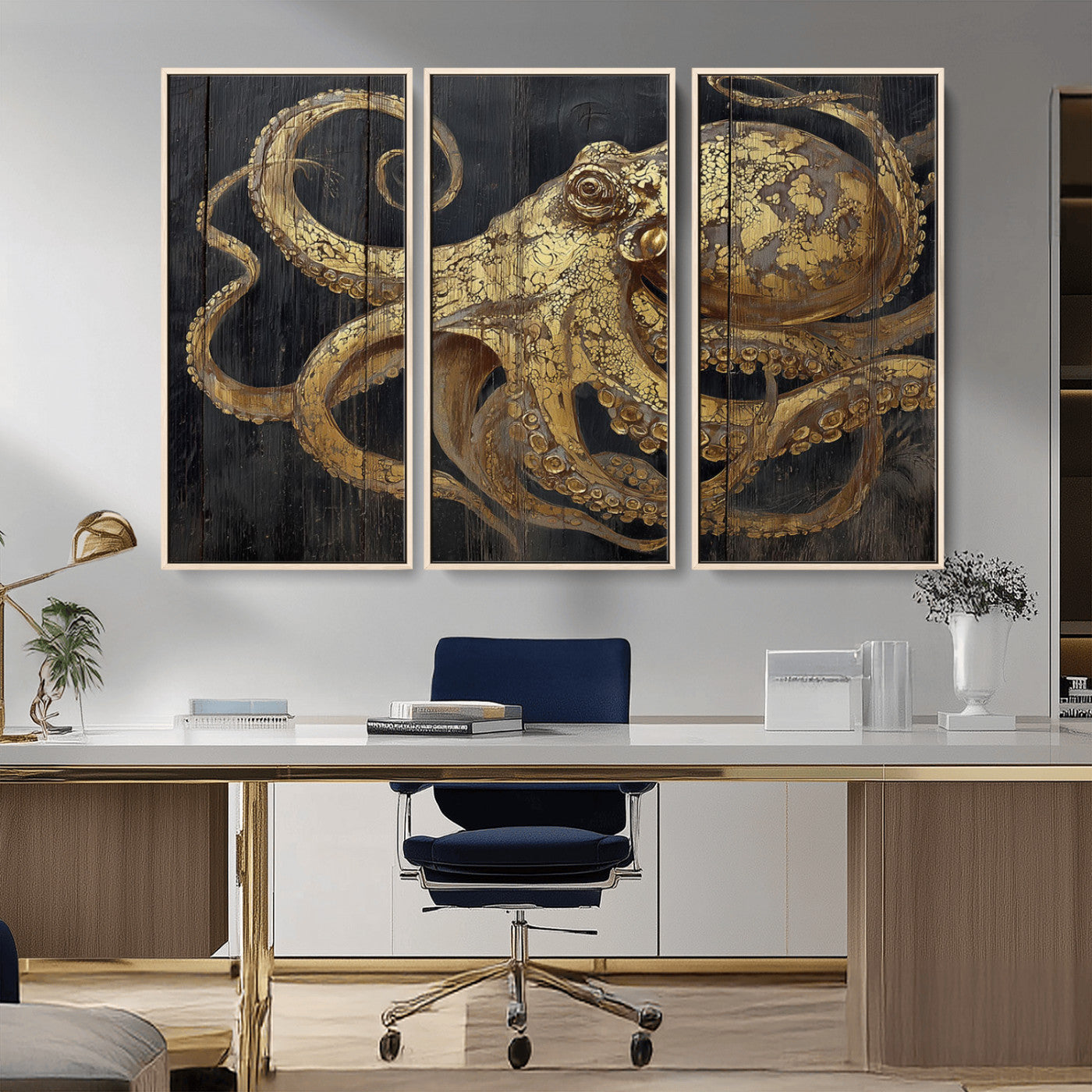 47056538-MGV-CV-36X24-Octopus Wall Art – Gold Nautical Canvas Print with Rustic Wood Texture, Marine Creature Artwork for Coastal Ocean Decoration in